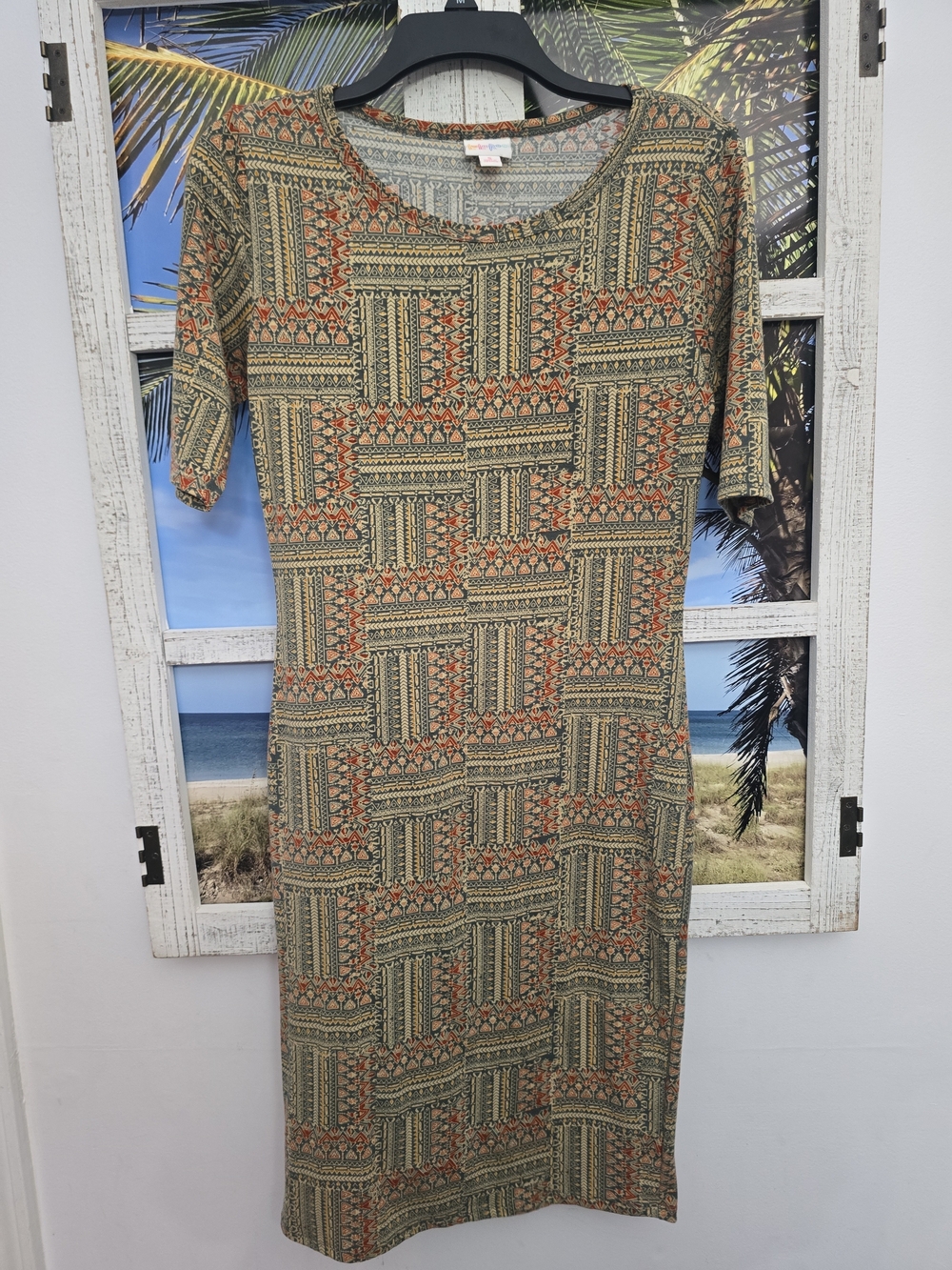LuLaRoe Olive & Rust Geometric Midi Dress